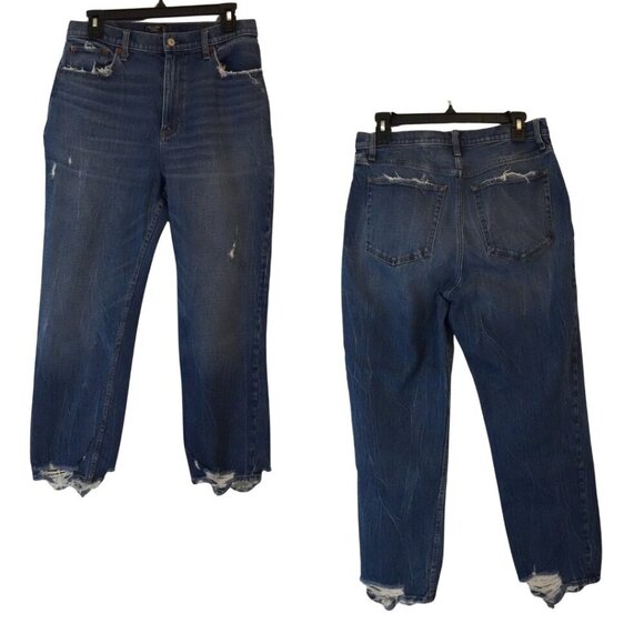 Abercrombie & Fitch, Mom Jean, Cracked Destroyed Hem Straight Leg Jeans, Blue - Picture 2 of 9